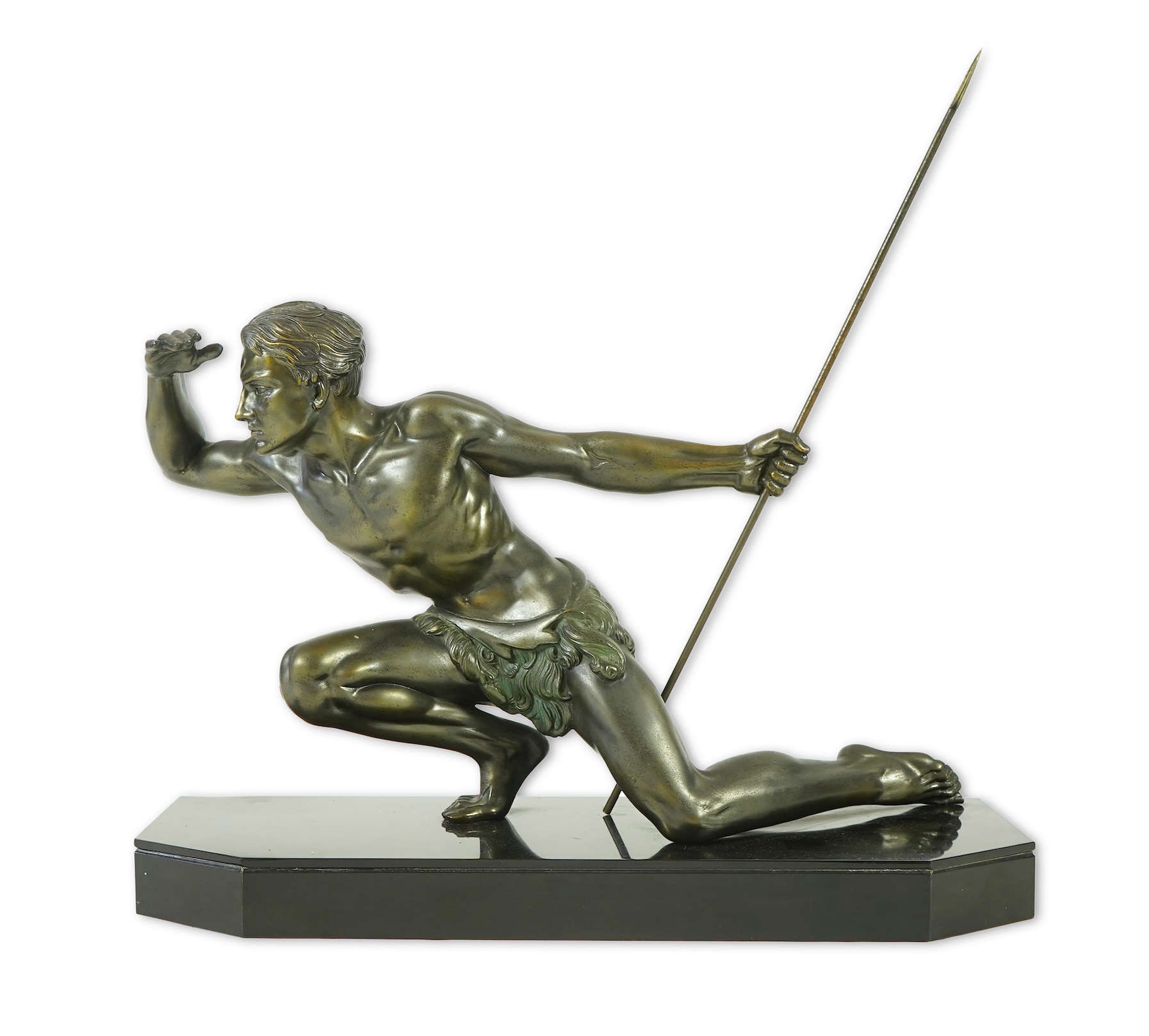 Manner of Jean de Roncourt (1869-1937) An Art Deco patinated bronze sculpture of a male hunter with spear on black marble stand